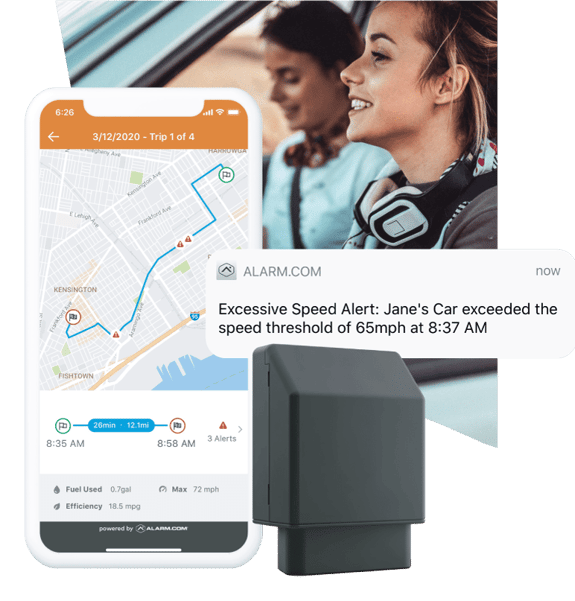 alarm.com car connector promo with app screenshot and people in car driving alarm.com car connector promo with app screenshot and people in car driving
